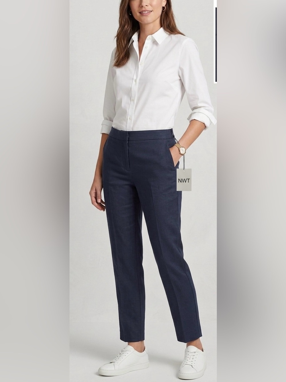 Theory Treeca SZ Eco Crunch Wash Linen Pants 00 Concord Navy Cropped Tailored